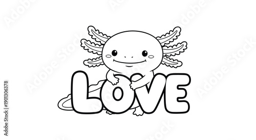 Cute line art drawing of an axolotl character sitting behind the large bubble letters spelling out the word Love.