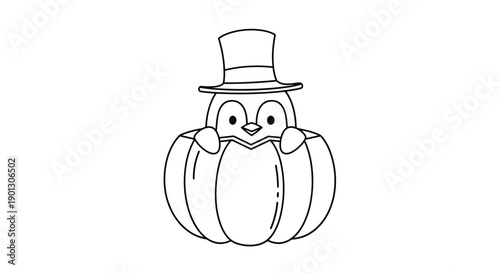Cute line art illustration of a penguin wearing a top hat and peeking out from inside a large hollowed out pumpkin for Halloween.