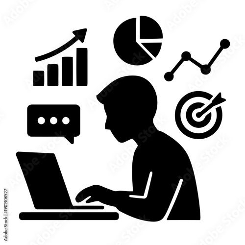 Illustration of black silhouette of a man working on a laptop with business and finance symbols around him
