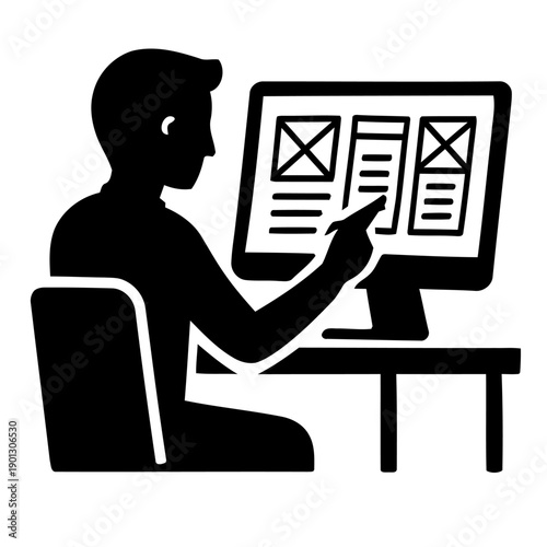 Illustration of black silhouette of a man sitting at a desk in front of a computer monitor