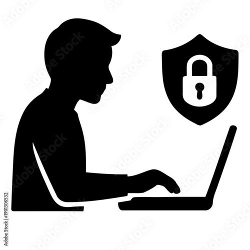 Illustration of black silhouette of a man working on a laptop with a shield and lock