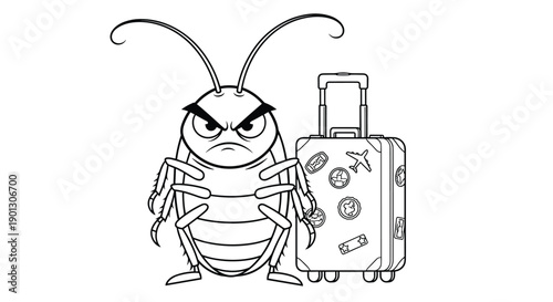 Grumpy cartoon cockroach stands next to a wheeled suitcase covered in travel stickers on a plain white background.