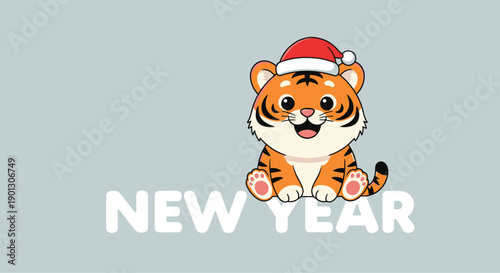 Adorable tiger cub wearing a red Santa hat sitting peacefully above the bold white words New Year on a soft gray background for the holidays.
