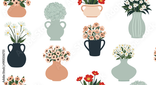 Beautiful seamless pattern of various flower bouquets in different styles of ceramic vases on a white background for a floral theme.