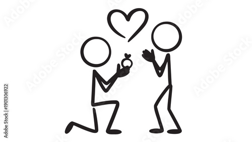 Simple Stick Figure Couple's Romantic Marriage Proposal with Ring and Heart Symbol, Celebrating Love and Commitment