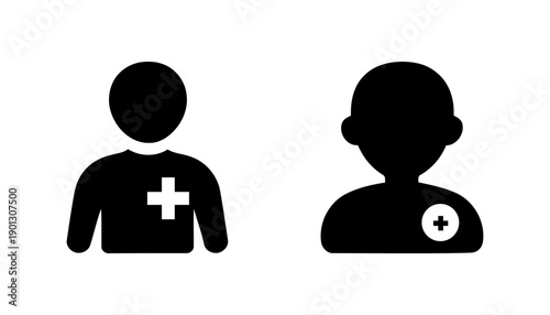 Black silhouette medical user icons with cross and plus signs
