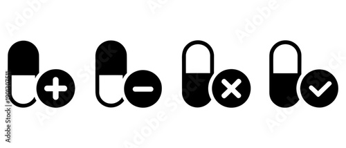 Medical pill capsule icons with plus minus cross and check symbols