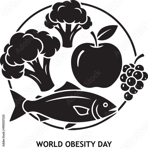 Healthy Eating and Balanced Diet Icon - Vector Silhouette of Fish, Broccoli, Apple, and Grapes