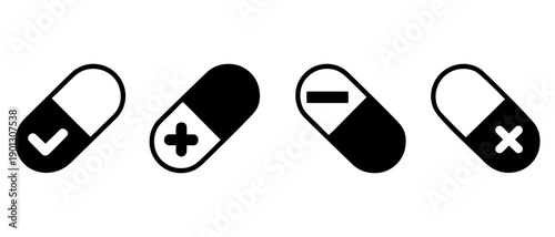 Medical capsule pill icons with check, plus, minus, and cross symbols