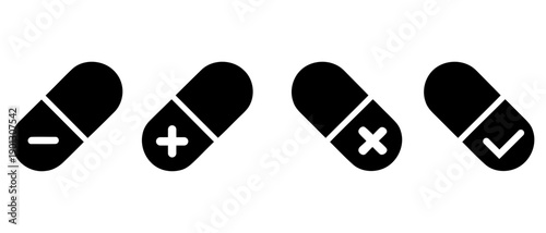 Pill capsule icons with plus minus cross and checkmark symbols set