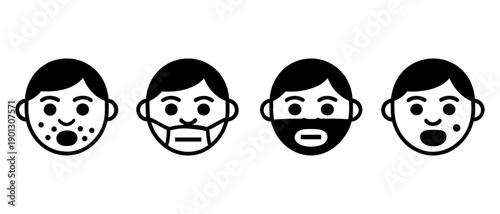 Male facial icons set featuring acne, face mask, beard, and mole