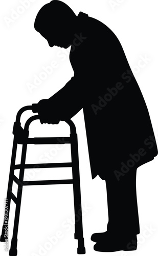 Silhouette of elderly person leaning on walker, symbolizing aging, mobility support, rehabilitation, and healthcare assistance on white background