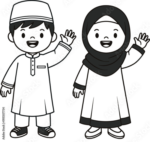 Black and White Line Art Illustration of a Happy Muslim Boy and Girl Character Waving for Islamic Youth Education and Religious Holiday Coloring Page