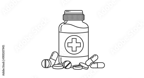 Vector illustration of a medicine bottle with pills and capsules, pharmacy symbol, medical icon, for healthcare or wellness design, isolated on transparent background, png