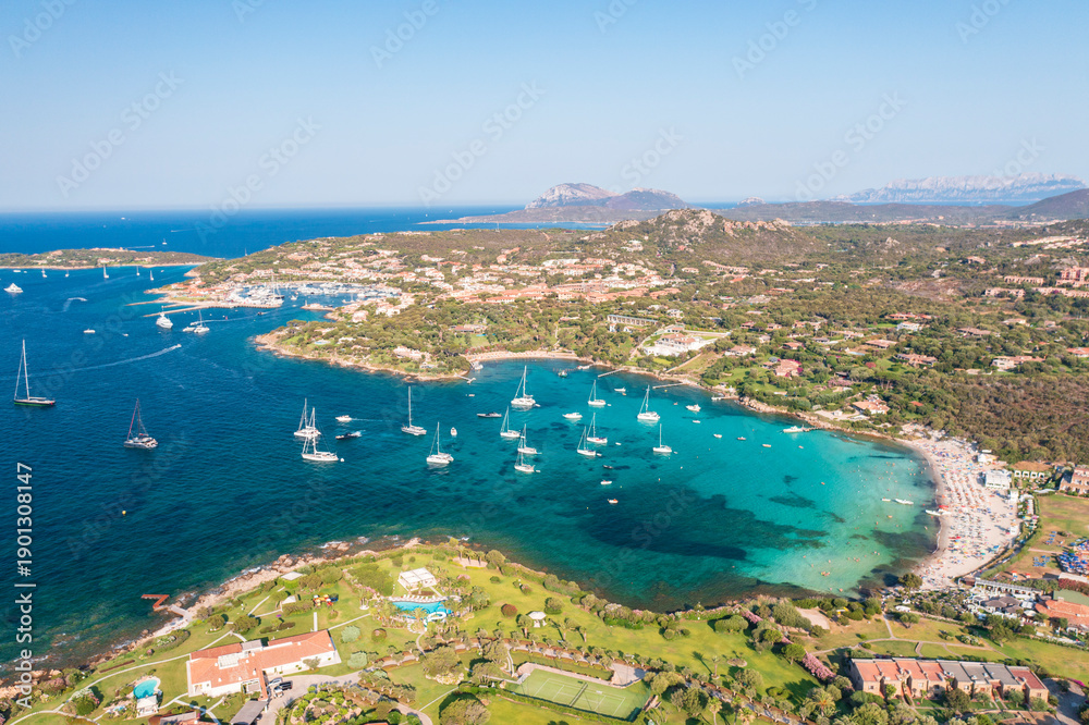 Fototapeta premium Aerial view of Porto Rotondo bay with sailboats and turquoise water, Olbia, Sardinia, Italy