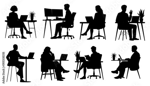 Flat vector set of black silhouettes showing people working at desks with laptops, monitors, and office plants, isolated on transparent background.