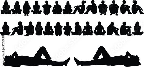 People silhouette set, seated and lying human poses, black shadow figures, minimal design collection, concept of rest, waiting, isolation