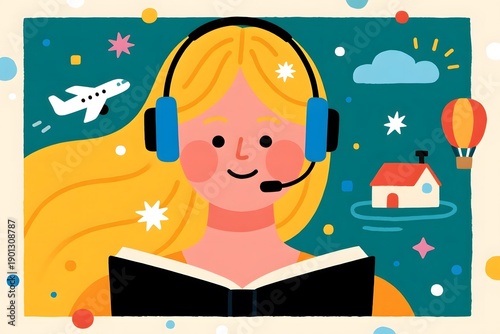 new World Book Day Illustration of a girl reading with headphones