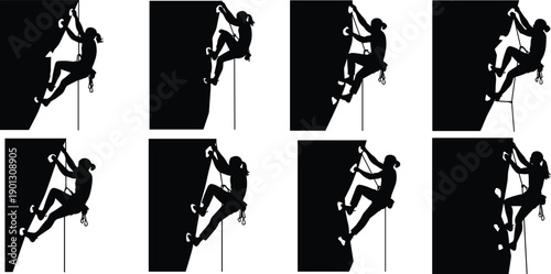 Rock climbing silhouette set, female climber ascending cliff with rope and harness, extreme outdoor adventure sport poses illustration