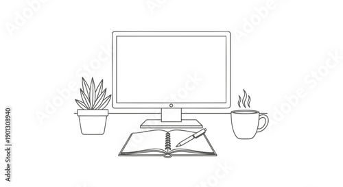 Vector illustration of a workspace with computer, notebook, pen, plant, and coffee cup for office or home workspace mockup, isolated on transparent background, png
