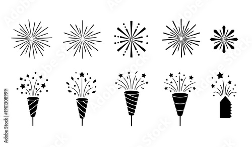 Geometric fireworks and party icon vector set for events holidays and celebrations