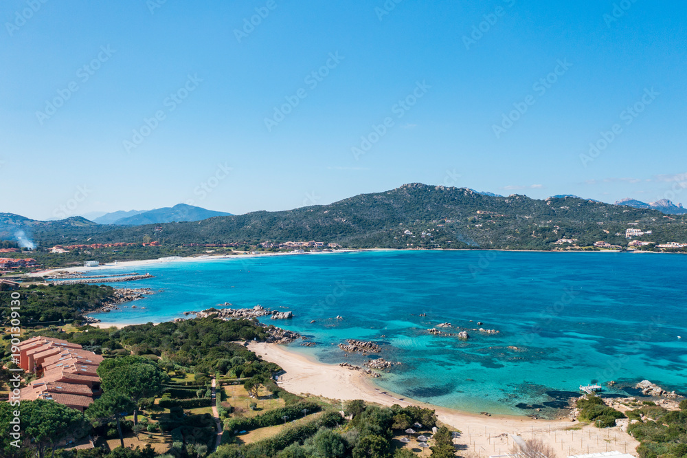 Naklejka premium Panoramic aerial view of Punta Marana bay and marina with turquoise sea, Sardinia, Italy