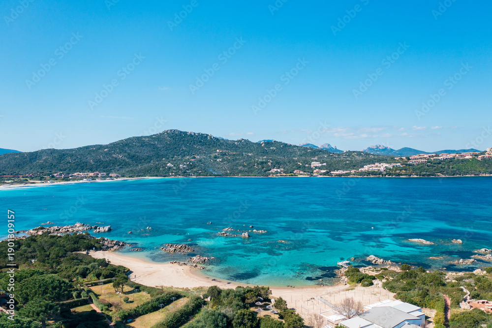 Naklejka premium Panoramic aerial view of Punta Marana bay and marina with turquoise sea, Sardinia, Italy