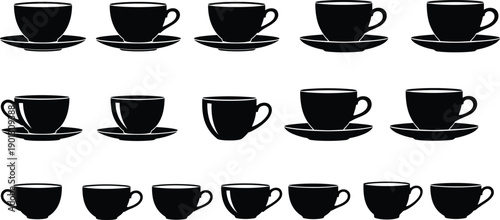 Coffee cup silhouette collection, teacup and saucer shapes, cafe drink icons, black beverage mug set, minimal vector illustration
