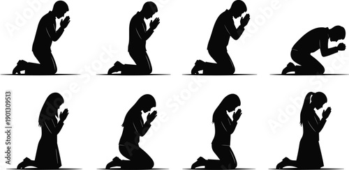 Praying people silhouette collection, kneeling prayer poses, spiritual faith concept, worship meditation devotion, religious illustration isolated on white