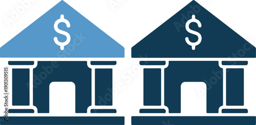 Bank and finance icons in blue shades with dollar signs