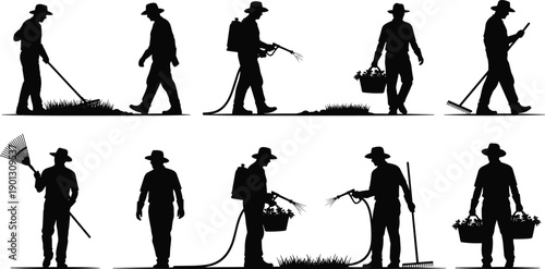 Gardener silhouette set working in garden, landscaping tools and plant care, outdoor labor concept, agriculture lifestyle, manual work illustration