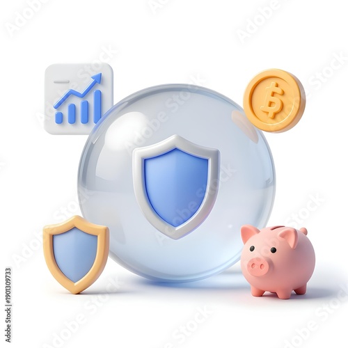 3D Neumorphic Glass Finance Dashboard Icon with Investment Symbols - Graph, Coin, Shield, Savings Bank