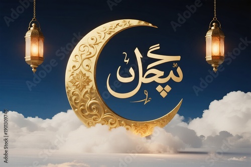 new Ramadan Golden crescent moon with Arabic calligraphy