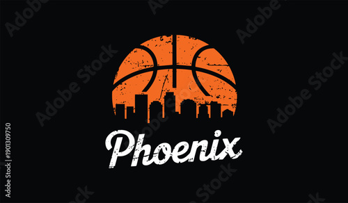 Basketball graphic with city skyline silhouette and grunge texture on a black background phoenix text below
