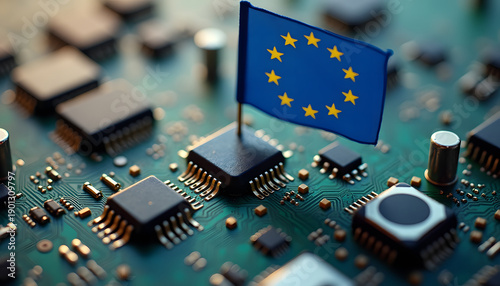 European Union flag planted on microchip, symbolizing technological sovereignty and digital future