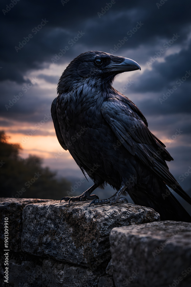 Fototapeta premium Black Raven Standing on Stone Wall at Dusk