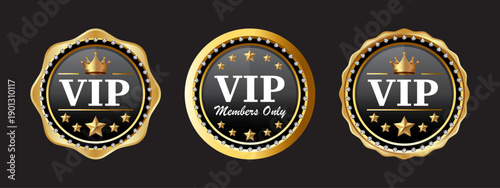VIP Membership Gold Badge Set with Crown, Stars and Diamond Details, Premium Label, Luxury Emblem for Exclusive Access, Business Branding and Marketing Vector Illustration