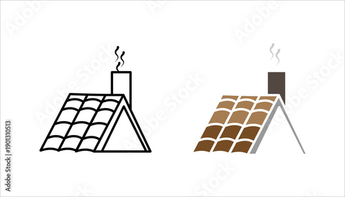 Outline icon set. of a house roof with chimney smoke, symbolizing home, housing, residential building, real estate, and domestic living concepts