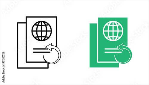Outline icon set. of documents with a globe and refresh arrow, representing global data exchange, document synchronization, international communication, and cloud sharing.