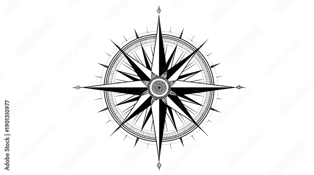 Obraz premium Classic Ornate Compass Rose Vector Illustration, Black and White Nautical Navigation Symbol for Travel and Direction