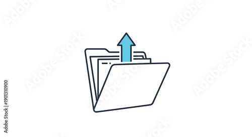 Digital file folder icon with a blue arrow pointing up to represent data upload and file management processes.