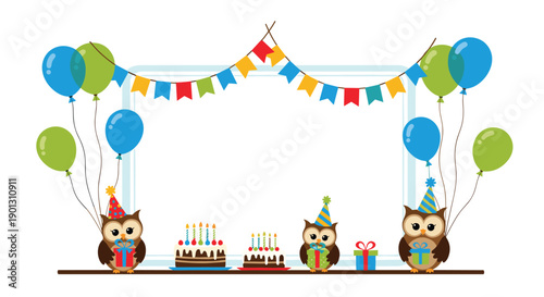 Festive birthday party scene with cute owls wearing party hats holding gifts and cakes in front of a white board.