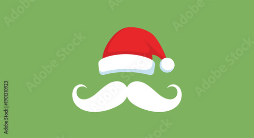 Minimalist christmas illustration of a red santa hat and a bushy white mustache on a solid green background for holiday cards.