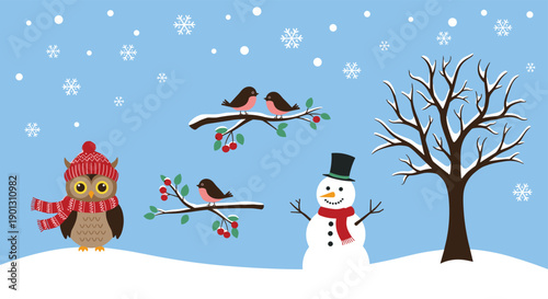 Winter wonderland scene with a cute snowman an owl in a hat and scarf and birds on branches in a cold snowstorm for cards.