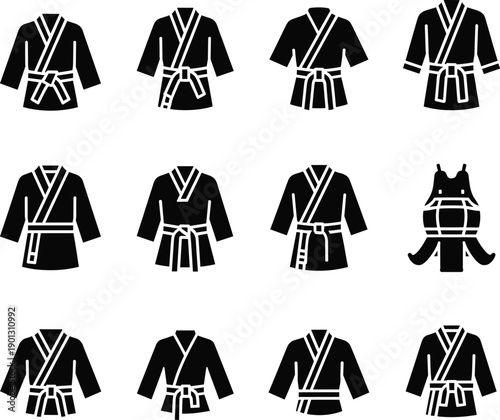 Black Silhouette Icon Set of Martial Arts Kimonos and Karate Gi Outfits with Different Belts and Ranks for Judo Taekwondo and Dojo Training Apparel Design