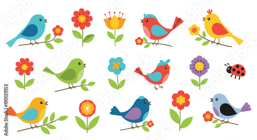 Variety of colorful cartoon birds perched on branches and assorted blooming flowers in a simple flat style for spring themes.