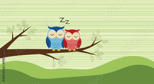 Two cute cartoon owls sleeping side by side on a tree branch against a peaceful green background with stripes and hills.