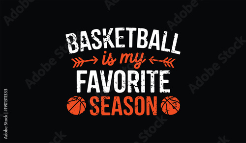 Bold white and orange basketball text on dark background with basketball icons for sport fans