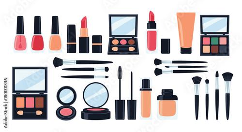 Comprehensive array of makeup items featuring palettes brushes lipsticks nail polishes and face creams for professional beauty concepts.