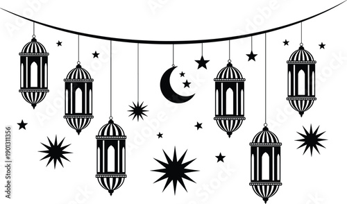 Black Silhouette Illustration of Hanging Ramadan Lanterns with Crescent Moon and Stars for Islamic Holiday Decoration and Eid Mubarak Greeting Card Design
